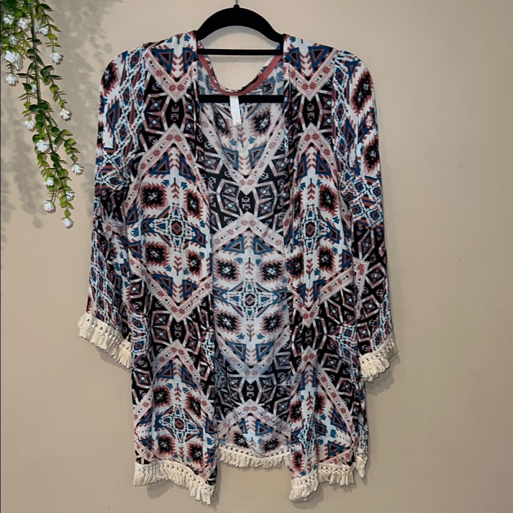 Geometric Patterned Kimono with Fringe